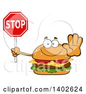 Cheeseburger Character Mascot Holding Out A Hand And Stop Sign