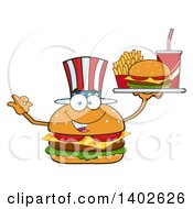 Patriotic American Cheeseburger Character Mascot Gesturing Ok And Holding A Tray