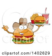 Cowboy Cheeseburger Character Mascot Gesturing Ok And Holding A Tray