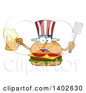 Patriotic American Cheeseburger Character Mascot Holding A Beer Mug And Spatula