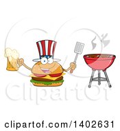 Clipart Of A Patriotic American Cheeseburger Character Mascot Holding A Beer Mug And Spatula By A Bbq Royalty Free Vector Illustration