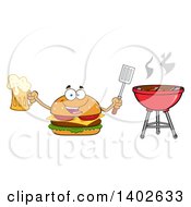 Cheeseburger Character Mascot Holding A Beer And Spatula By A Bbq
