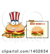 Patriotic American Cheeseburger Character Mascot Holding A Best Burger Sign