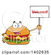 Poster, Art Print Of Cheeseburger Character Mascot Holding A Welcome Sign