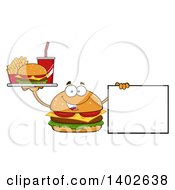 Cheeseburger Character Mascot Holding A Tray Of Food And A Blank Sign