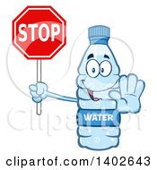 Clipart Of A Cartoon Bottled Water Character Mascot Gesturing And Holding A Stop Sign Royalty Free Vector Illustration by Hit Toon
