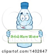 Poster, Art Print Of Cartoon Bottled Water Character Mascot Holding A Drink More Water Sign