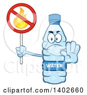Cartoon Bottled Water Character Mascot Gesturing To Stop And Holding A No Fire Sign