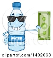 Cartoon Bottled Water Character Mascot Wearing Sunglasses And Holding Cash Money