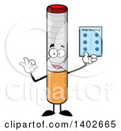 Cartoon Cigarette Mascot Character Holding A Blister Pack Of Pills