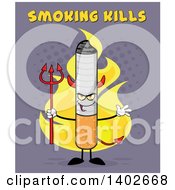 Poster, Art Print Of Cartoon Devil Cigarette Mascot Character On Fire With Smoking Kills Text On Purple