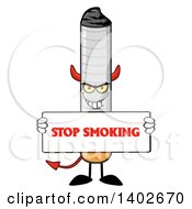 Poster, Art Print Of Cartoon Devil Cigarette Mascot Character Holding A Stop Smoking Sign