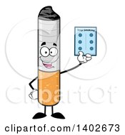 Cartoon Cigarette Mascot Character Holding A Blister Pack Of Pills