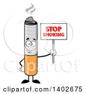 Cartoon Cigarette Mascot Character Holding A Stop Smoking Sign