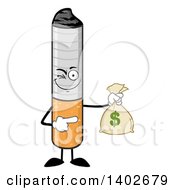 Cartoon Cigarette Mascot Character Winking And Holding A Money Bag