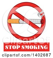 Poster, Art Print Of Cartoon Cigarette In A Prohibited Restricted Symbol Over Stop Smoking Text