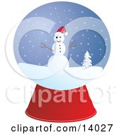 Snow Globe With A Friendly Snowman With Eyes Of Coal Branch Arms And A Carrot Nose Wearing A Santa Hat And Positioned In A Snowy Winter Landscape By A Flocked Tree On Christmas Clipart Illustration