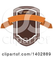 Clipart Of A Brown And Orange Toned Shield And Banner Retail Label Design Element With A Crown Royalty Free Vector Illustration