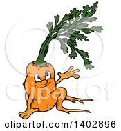 Clipart Of A Cartoon Happy Carrot Character Sitting And Waving Or Presenting Royalty Free Vector Illustration