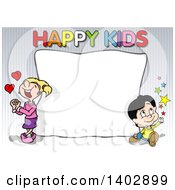 Poster, Art Print Of Boy And Girl Around A Blank Sign With Happy Kids Text On Stripes