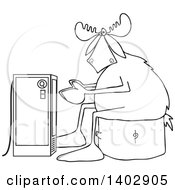 Clipart Of A Black And White Lineart Cold Moose Sitting On A Stump And Warming Up In Front Of An Electric Space Heater Royalty Free Vector Illustration