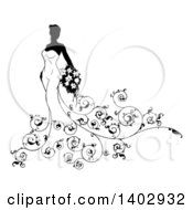 Poster, Art Print Of Silhouetted Black And White Bride In Her Dress With Ornate Floral Vines Holding Flowers