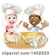 Poster, Art Print Of Happy White And Black Boys Wearing Toque Hats Making Frosting And Cookies