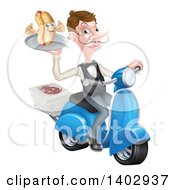 Clipart Of A White Male Waiter With A Curling Mustache Holding A Hot Dog On A Scooter With Pizza Boxes Royalty Free Vector Illustration by AtStockIllustration