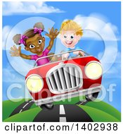 Poster, Art Print Of Happy White Boy Driving A Black Girl And Catching Air In A Convertible Car On A Country Road