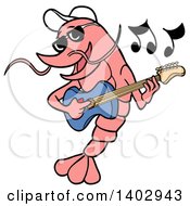 Cartoon Clipart Of A Shrimp Musician Playing A Guitar Royalty Free Vector Illustration by LaffToon