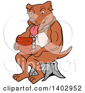 Hungry Drolling Pitbull Dog Sitting On A Stump And Eating Bbq Ribs