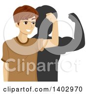 Teenage Guy Flexing His Bicep Muscle And Seeing His Shadow Much Stronger Than He Really Is