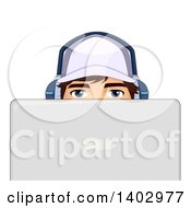 Poster, Art Print Of Teen Guy Wearing Headphones And Looking Over A Laptop