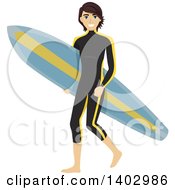 Poster, Art Print Of Caucasian Teen Guy Surfer In A Wet Suit Carring A Board
