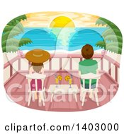 Rear View Of A Couple Sitting On Chairs On A Deck And Watching A Sunset Over A Tropical Beach