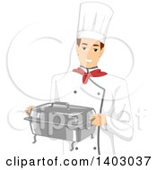 Brunette Caucasian Male Chef Carrying A Metal Chafing Dish