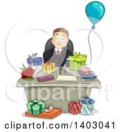 Clipart Of A Cartoon Happy Brunette White Businessman Sitting At A Desk With Presents Royalty Free Vector Illustration
