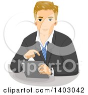 Clipart Of A Blond Caucasian Business Man Using A Tablet Computer Royalty Free Vector Illustration