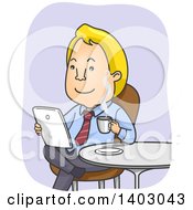 Clipart Of A Cartoon Blond Caucasian Business Man Drinking Coffee And Reading The Morning News On A Tablet Computer Royalty Free Vector Illustration