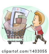 Poster, Art Print Of Cartoon Caucasian Man Pushing A Shopping Cart Full Of Boxes And Items