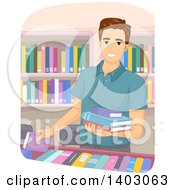 Poster, Art Print Of Brunette Caucasian Man Selecting Books In A Store Or Library