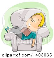 Poster, Art Print Of Cartoon Blond White Man Sleeping In A Chair With A Book On His Chest