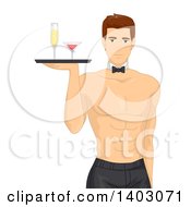 Poster, Art Print Of Shirtless Brunette Caucasian Man Wearing A Tie And Serving Drinks