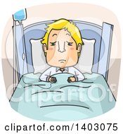 Poster, Art Print Of Cartoon Sick Blond White Man In A Hospital Bed On Iv Therapy