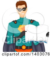 Poster, Art Print Of Brunette Caucasian Male Super Hero Holding Open A Book