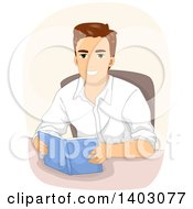 Poster, Art Print Of Happy Brunette White Man Reading A Book At A Table