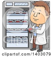 Clipart Of A Cartoon Brunette White Male Doctor Checking On Blood Bag Supplies Royalty Free Vector Illustration