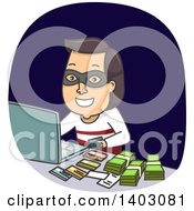 Poster, Art Print Of Brunette White Male Thief With Cash And Credit Cards Making Purchases On A Laptop Computer