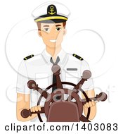Clipart Of A Brunette Caucasian Captain Steering A Ship Royalty Free Vector Illustration by BNP Design Studio