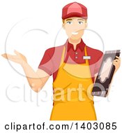 Blond White Male Waiter Holding A Menu And Welcoming Customers